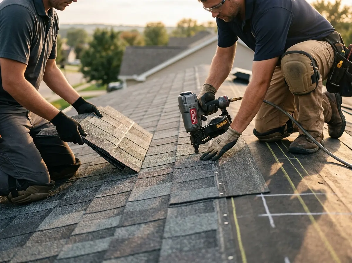 Professional roofer working on a residential roof in East Pasadena